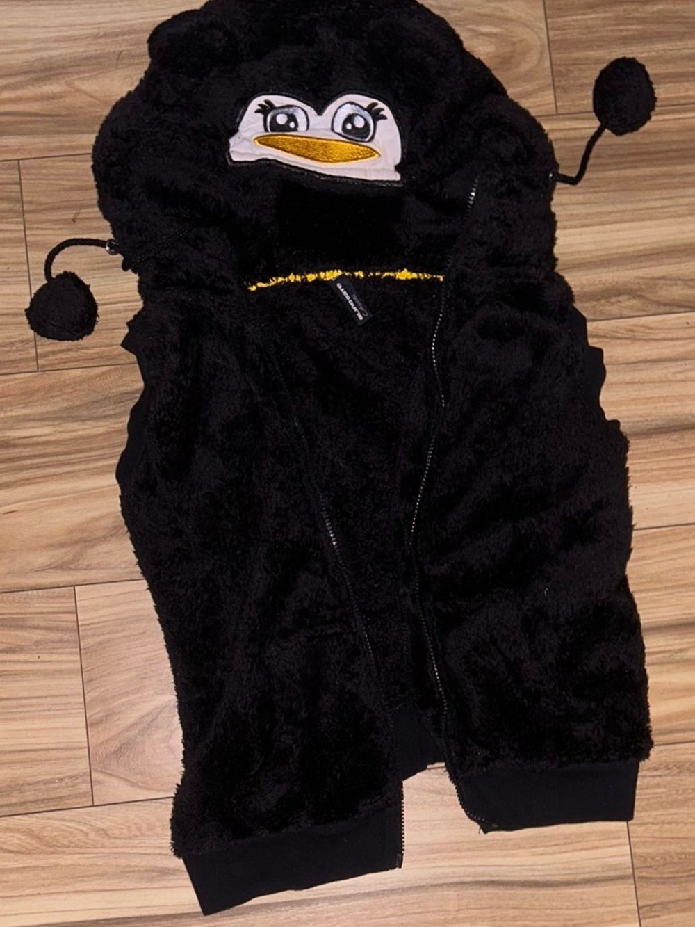 Black Fur Hooded Vest with Penguin Face